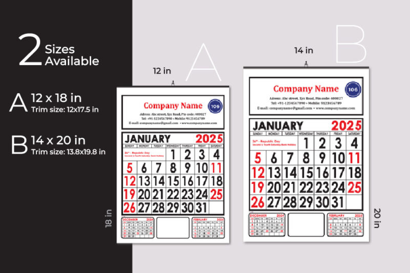 Traditional Wall calendar two colour printing